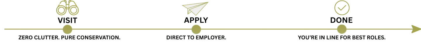 Three-step timeline showing how to find conservation jobs: visit WorkCabin, apply, get hired